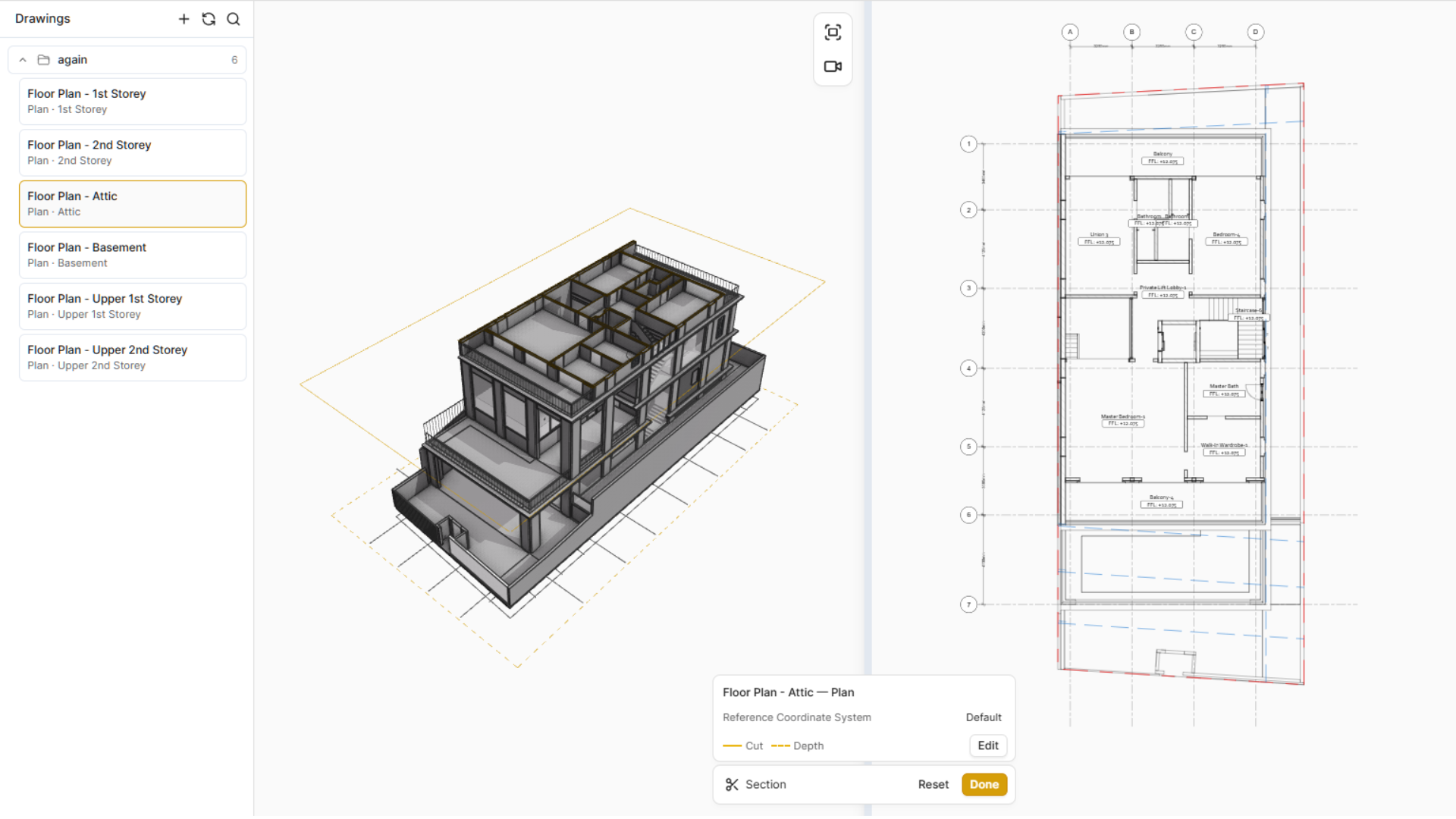 Ginger's drawings view: a list of floor plans on the left, the 3D model with a section plane cutting through it in the middle, and the floor plan drawing that section produces on the right.