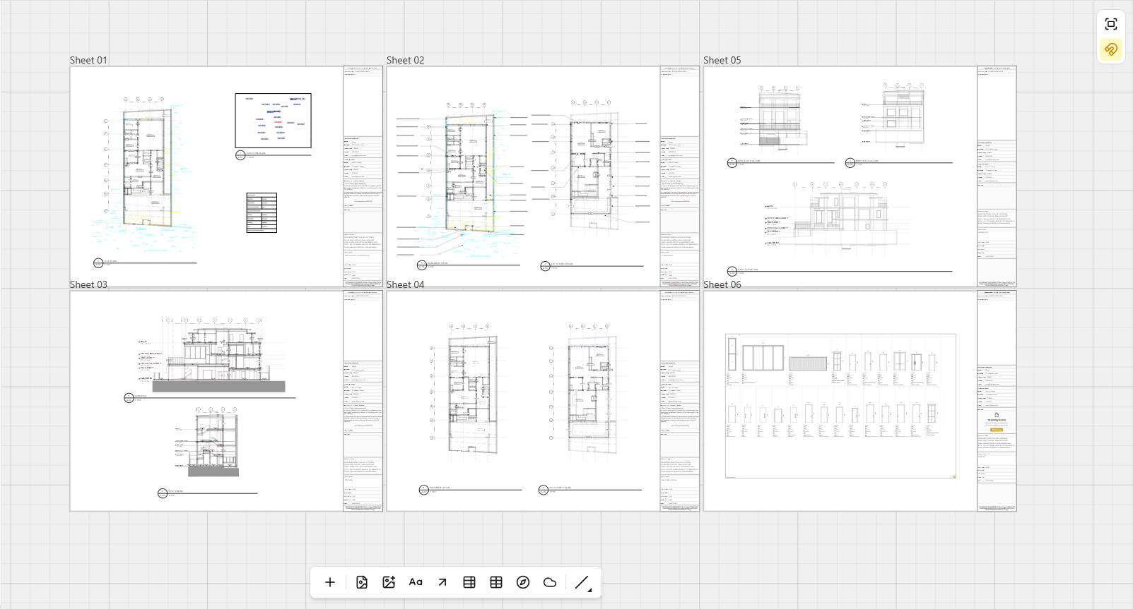 Six titled sheets laid out side by side on the Canvas grid — floor plans, elevations, sections and a door and window schedule — each in its titleblock, with the insert toolbar along the bottom.